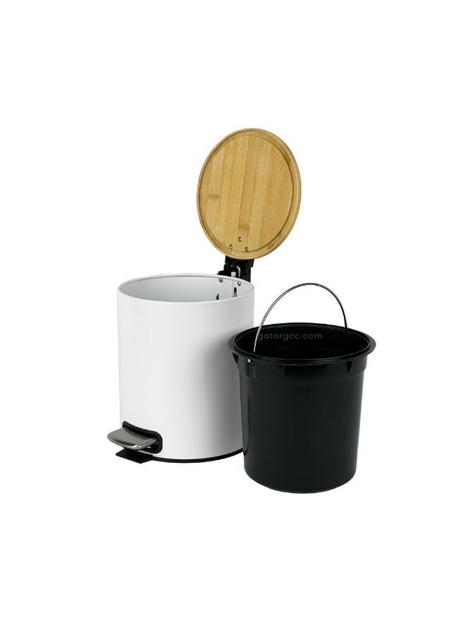 EK Bins Soft-Close Pedal Bin – Bamboo Top & Matte White Body with Metal Pedal-5L - Image 2